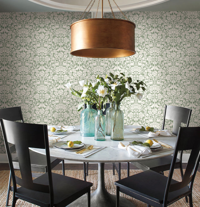 Fairy Tales Green Wallpaper with Folk Art Birds and Floral Pattern - York MK1164
