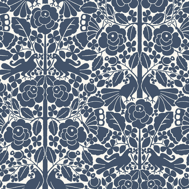 Fairy Tales Blue Wallpaper with Folk Art Birds and Floral Motif - York MK1166