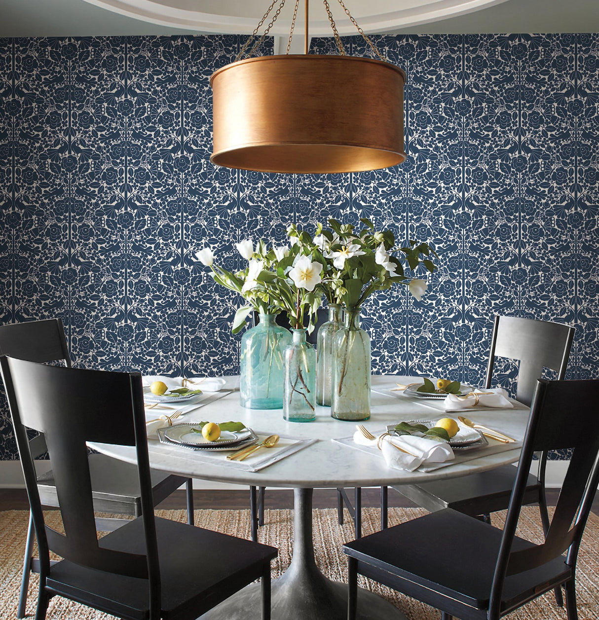 Fairy Tales Blue Wallpaper with Folk Art Birds and Floral Motif - York MK1166
