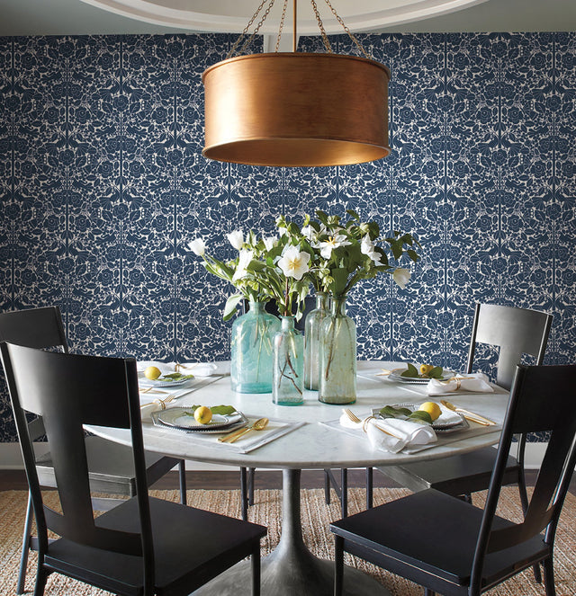 Fairy Tales Blue Wallpaper with Folk Art Birds and Floral Motif - York MK1166
