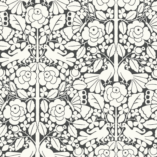 Fairy Tales Black Wallpaper with Folk Art Birds & Floral Motif - York MK1167