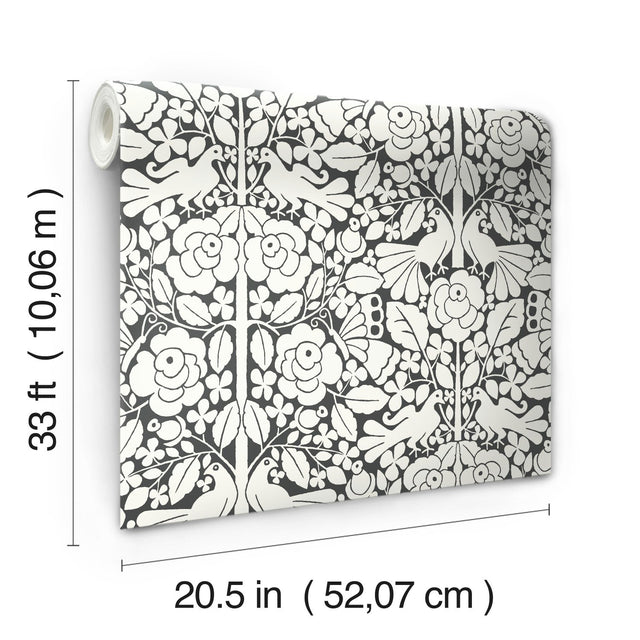 Fairy Tales Black Wallpaper with Folk Art Birds & Floral Motif - York MK1167