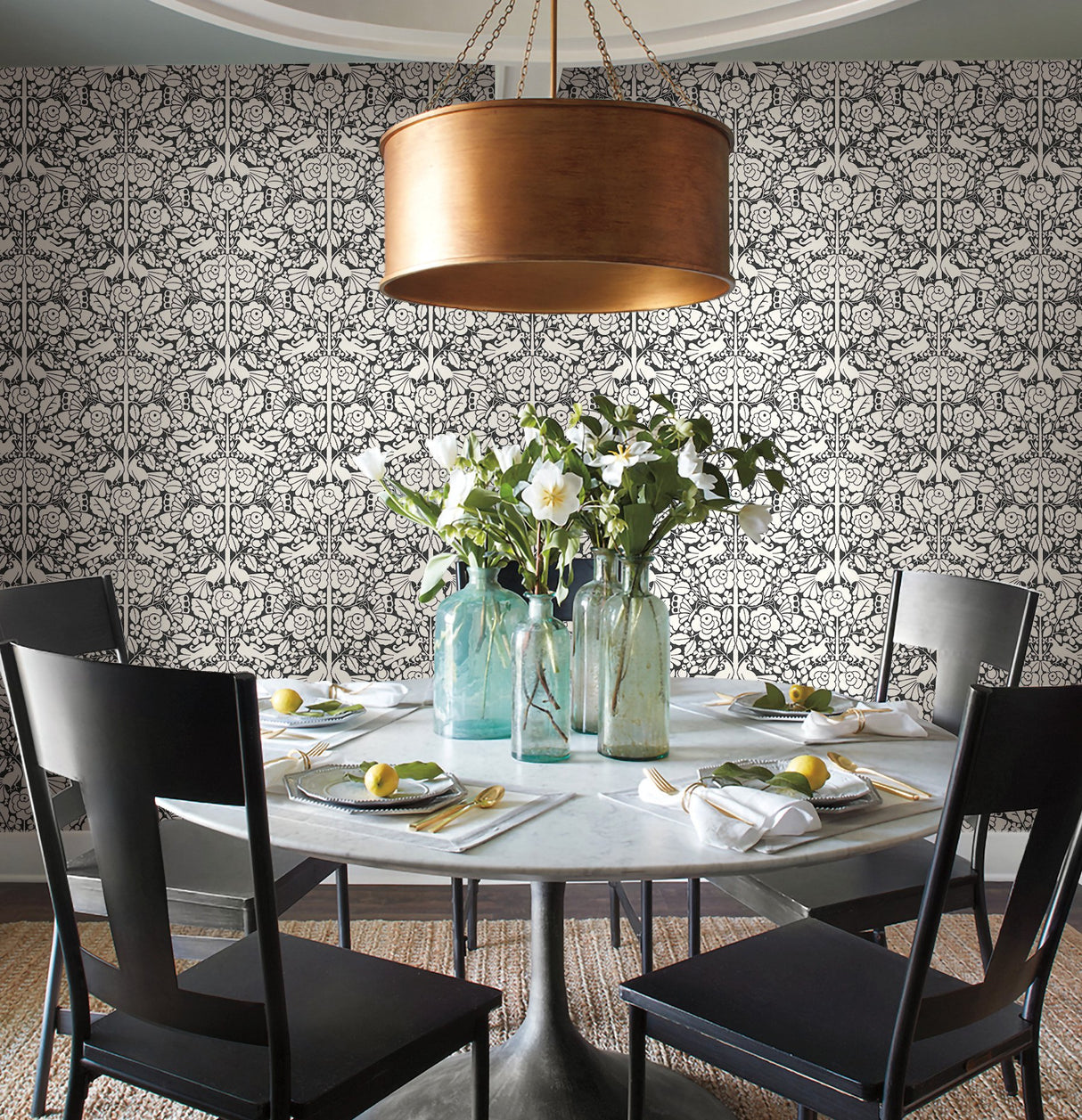 Fairy Tales Black Wallpaper with Folk Art Birds & Floral Motif - York MK1167