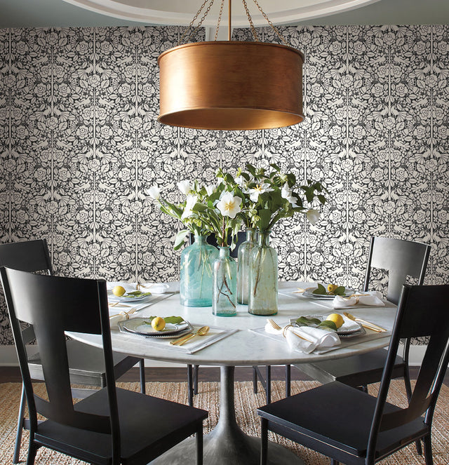 Fairy Tales Black Wallpaper with Folk Art Birds & Floral Motif - York MK1167