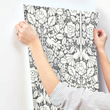 Fairy Tales Black Wallpaper with Folk Art Birds & Floral Motif - York MK1167