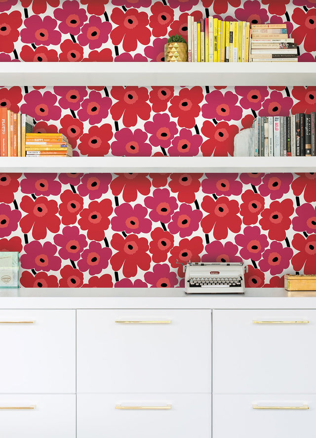 Pieni Unikko Red Peel & Stick Wallpaper with Floral Botanical Pattern, Eclectic Style - MKS4492
