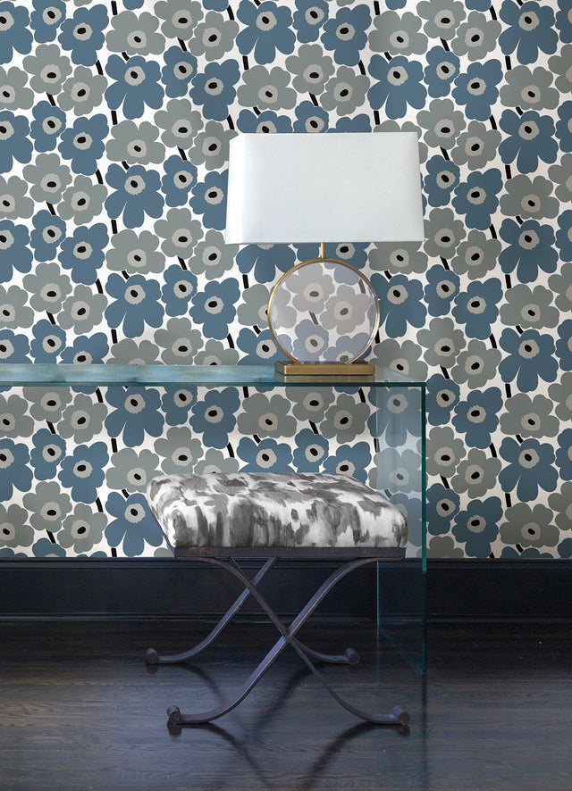 Pieni Unikko Grey Peel & Stick Wallpaper with Eclectic Botanical Floral Pattern - NuWallpaper MKS4493