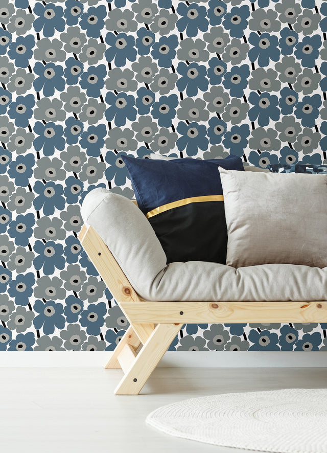Pieni Unikko Grey Peel & Stick Wallpaper with Eclectic Botanical Floral Pattern - NuWallpaper MKS4493