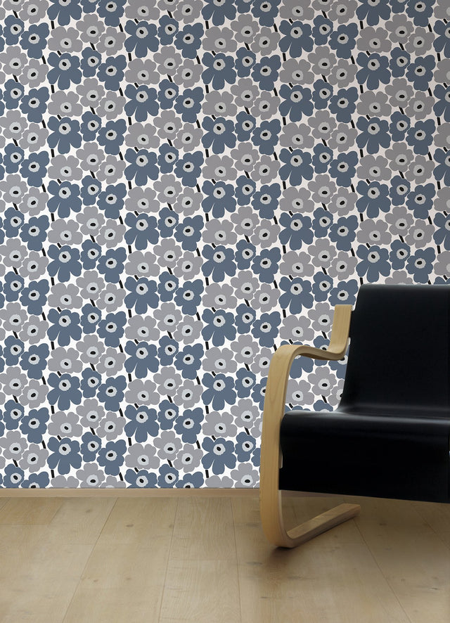 Pieni Unikko Grey Peel & Stick Wallpaper with Eclectic Botanical Floral Pattern - NuWallpaper MKS4493