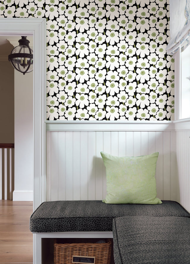 Pieni Unikko Black Peel & Stick Wallpaper with Botanical Floral Pattern - NuWallpaper MKS4494