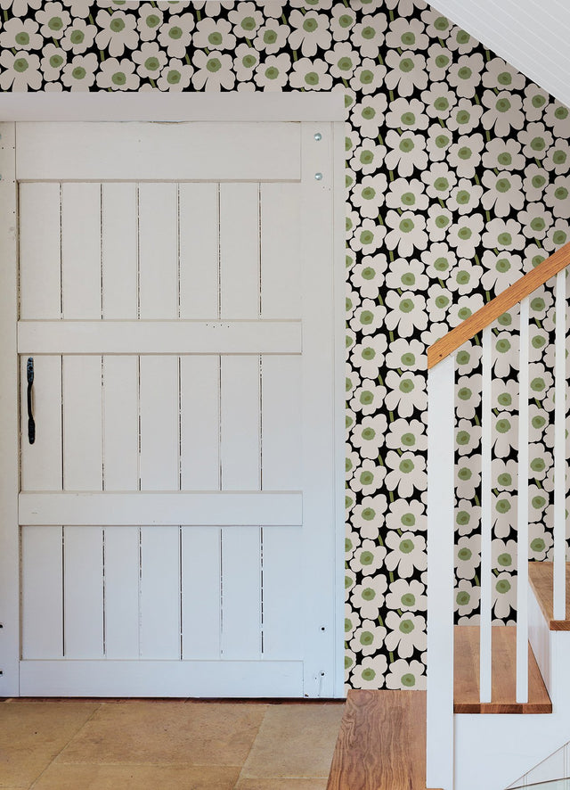 Pieni Unikko Black Peel & Stick Wallpaper with Botanical Floral Pattern - NuWallpaper MKS4494