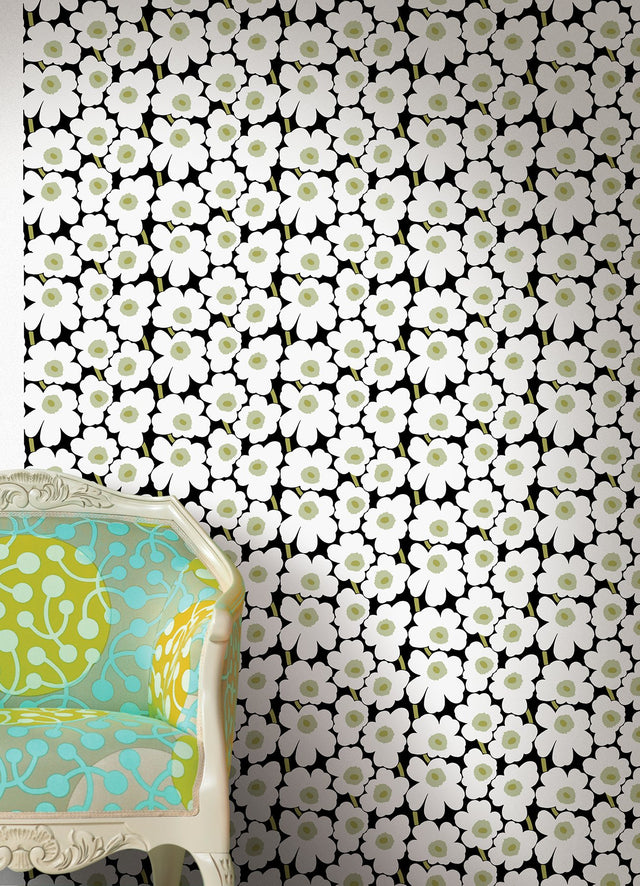 Pieni Unikko Black Peel & Stick Wallpaper with Botanical Floral Pattern - NuWallpaper MKS4494
