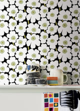 Pieni Unikko Black Peel & Stick Wallpaper with Botanical Floral Pattern - NuWallpaper MKS4494