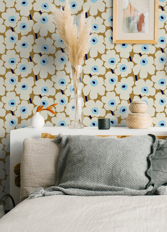 Pieni Unikko Beige Peel & Stick Wallpaper with Botanical Floral Motif - NuWallpaper MKS4495