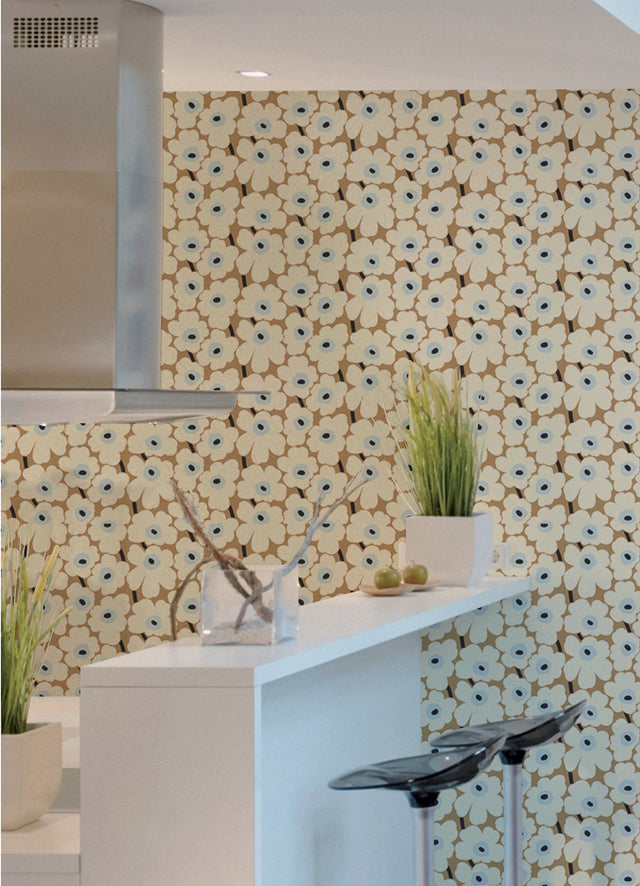 Pieni Unikko Beige Peel & Stick Wallpaper with Botanical Floral Motif - NuWallpaper MKS4495