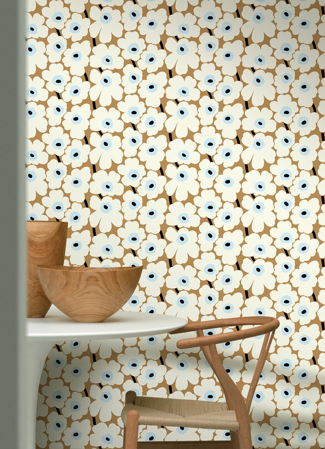 Pieni Unikko Beige Peel & Stick Wallpaper with Botanical Floral Motif - NuWallpaper MKS4495
