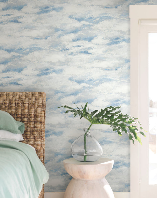 Plein Air Blue Wallpaper with Painterly Cloud Motif - York MN1812