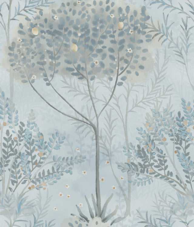 Orchard Blue & Grey Wallpaper with Botanical Mediterranean Motif - York MN1820