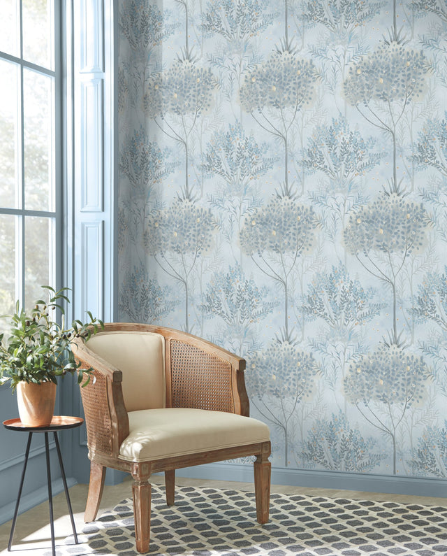 Orchard Blue & Grey Wallpaper with Botanical Mediterranean Motif - York MN1820