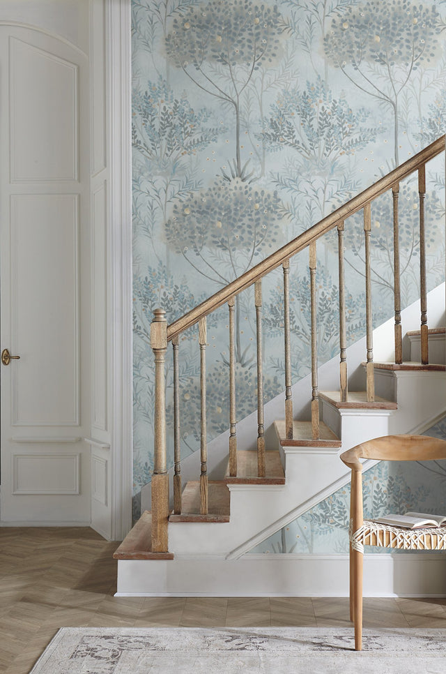 Orchard Blue & Grey Wallpaper with Botanical Mediterranean Motif - York MN1820