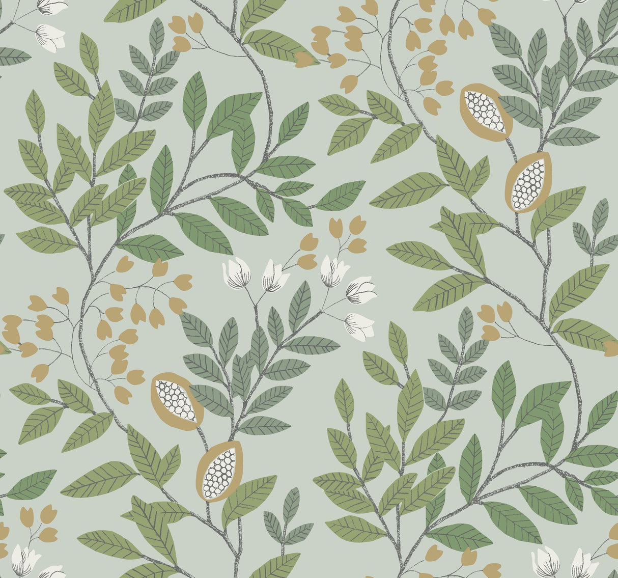 Eden Retreat Green & Gold Wallpaper with Botanical Metallic Accents - York MN1840