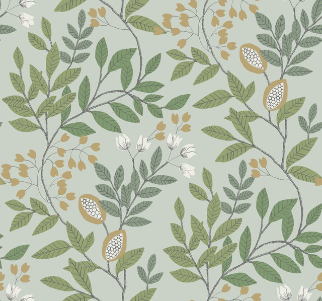 Eden Retreat Green & Gold Wallpaper with Botanical Metallic Accents - York MN1840