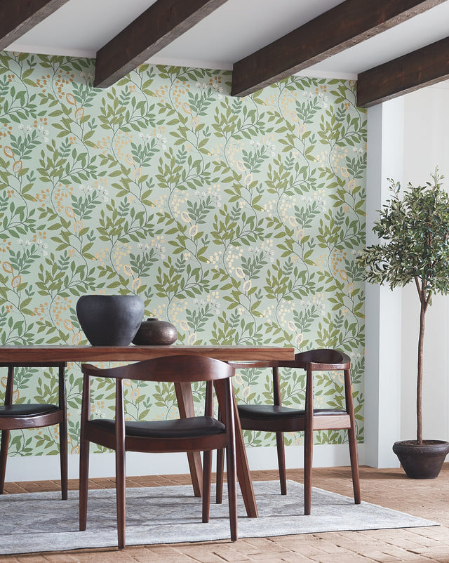 Eden Retreat Green & Gold Wallpaper with Botanical Metallic Accents - York MN1840
