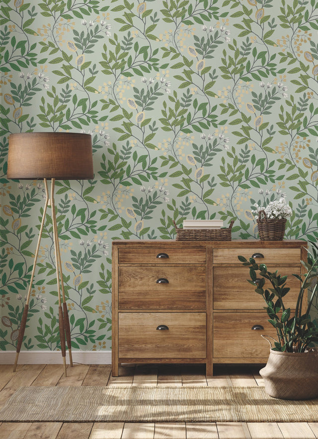 Eden Retreat Green & Gold Wallpaper with Botanical Metallic Accents - York MN1840