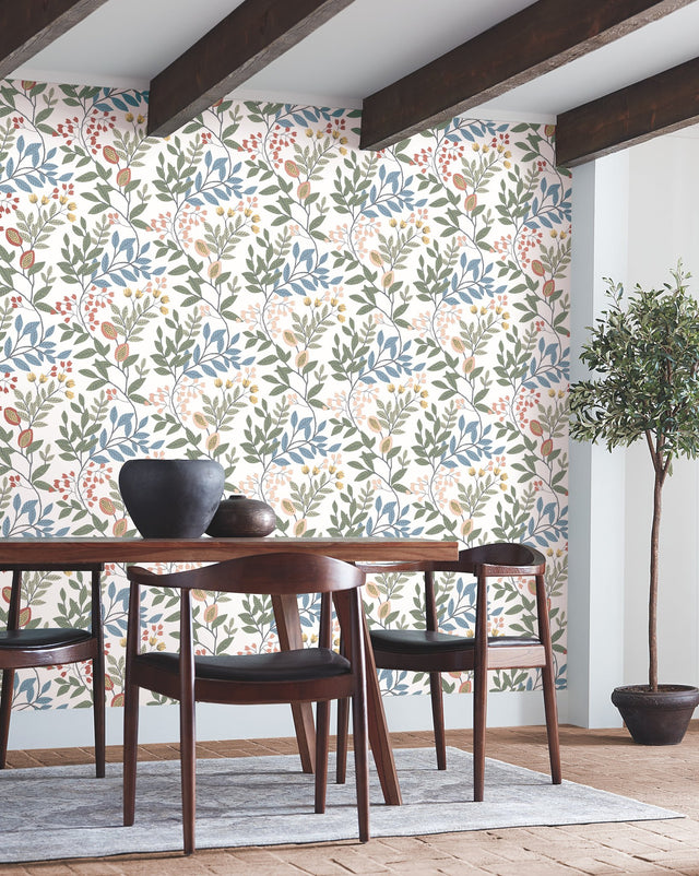Eden Retreat White & Multi Wallpaper with Botanical Floral Vine Pattern - York MN1841