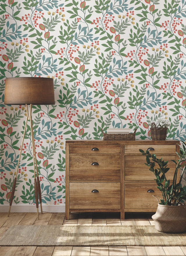 Eden Retreat White & Multi Wallpaper with Botanical Floral Vine Pattern - York MN1841