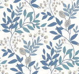 Eeden Retreat White & Blue Wallpaper with Botanical Leaf & Berry Motif - York MN1842