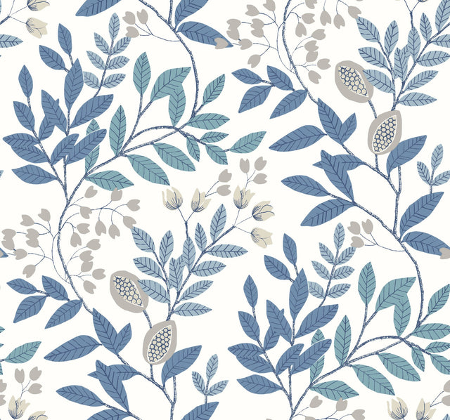 Eeden Retreat White & Blue Wallpaper with Botanical Leaf & Berry Motif - York MN1842