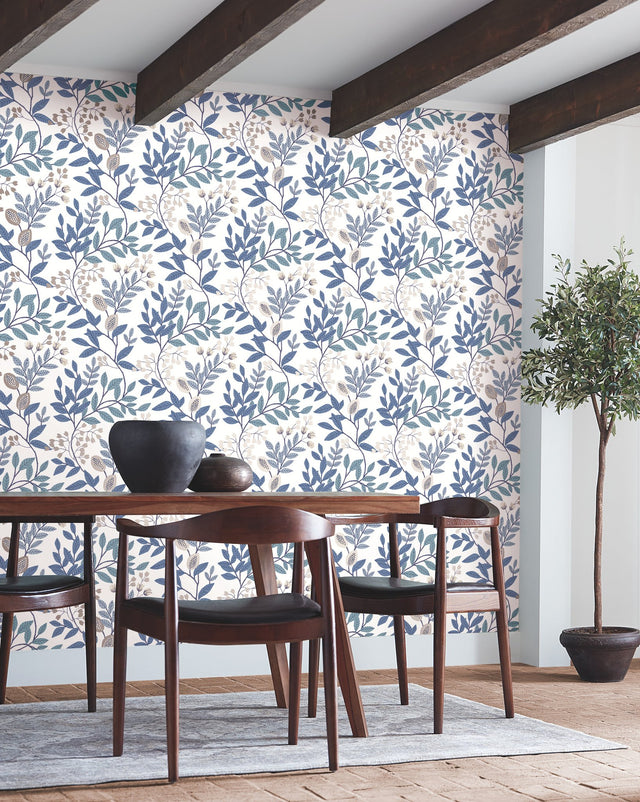 Eeden Retreat White & Blue Wallpaper with Botanical Leaf & Berry Motif - York MN1842