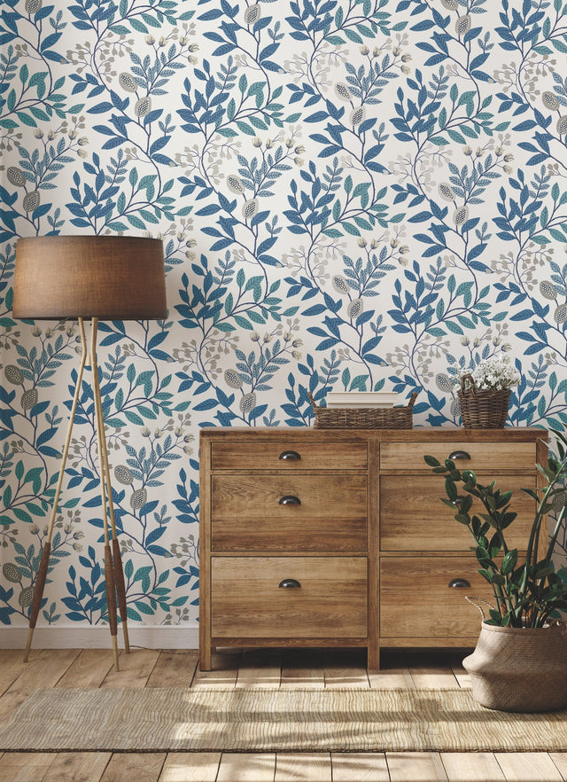 Eeden Retreat White & Blue Wallpaper with Botanical Leaf & Berry Motif - York MN1842