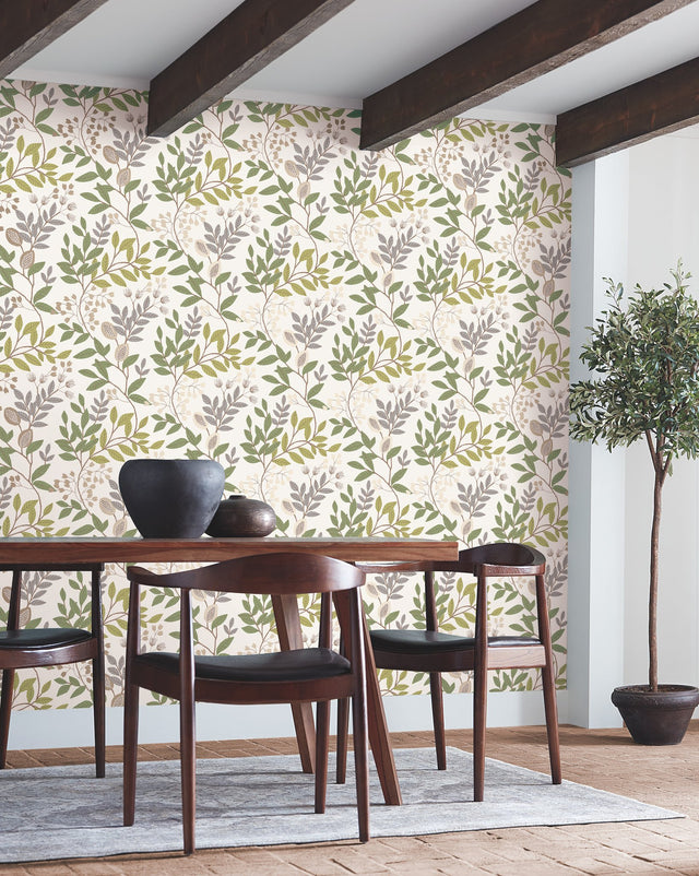 Eden Retreat Beige & Green Botanical Sure Strip Prepasted Wallpaper - York MN1844