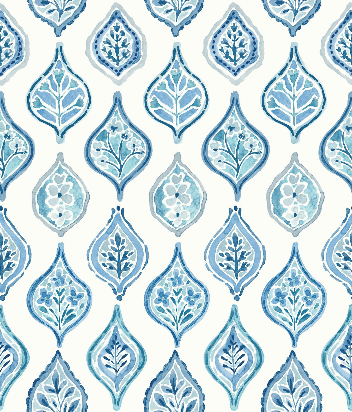 Marketplace Motif White & Blue Wallpaper with Bohemian Ogee Pattern - York MN1850