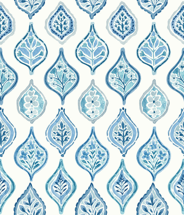 Marketplace Motif White & Blue Wallpaper with Bohemian Ogee Pattern - York MN1850