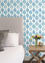 Marketplace Motif White & Blue Wallpaper with Bohemian Ogee Pattern - York MN1850