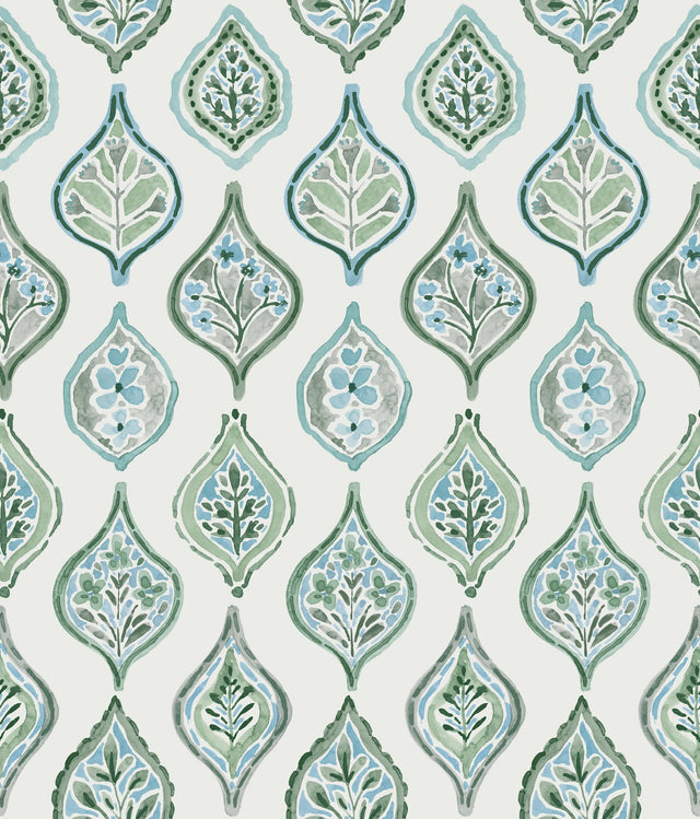Marketplace Motif Pale Grey & Green Wallpaper with Bohemian Ogee Pattern - York MN1851