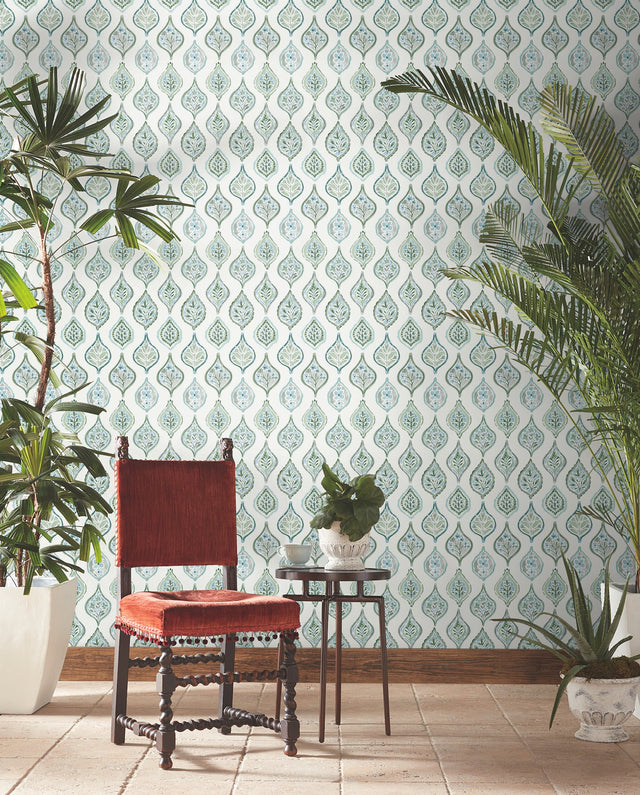 Marketplace Motif Pale Grey & Green Wallpaper with Bohemian Ogee Pattern - York MN1851