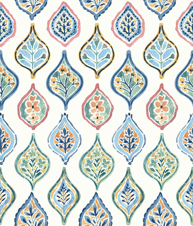 Marketplace Motif White & Multi Wallpaper with Bohemian Ogee Pattern - York MN1852