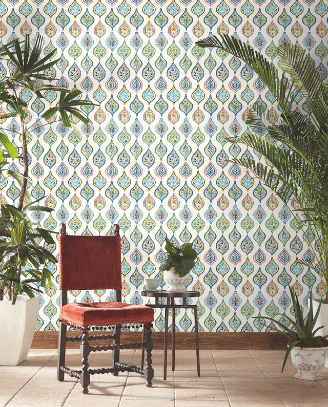 Marketplace Motif White & Multi Wallpaper with Bohemian Ogee Pattern - York MN1852
