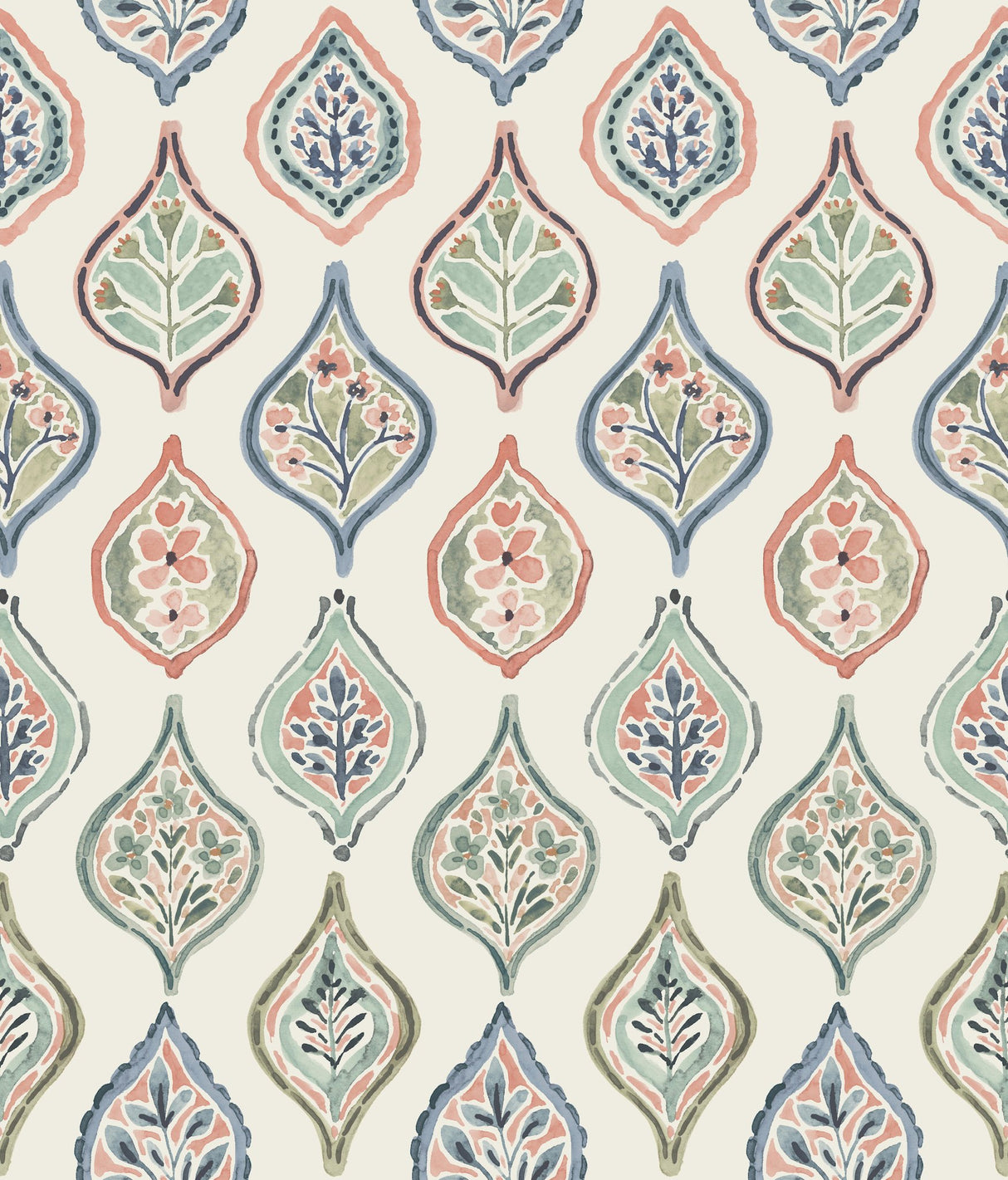 Marketplace Motif Off White & Green Wallpaper with Bohemian Ogee Botanical Pattern - York MN1853