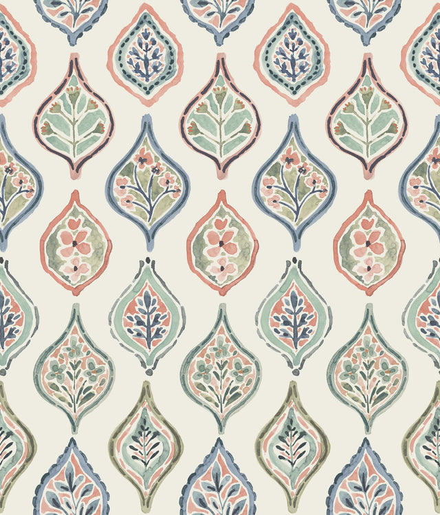Marketplace Motif Off White & Green Wallpaper with Bohemian Ogee Botanical Pattern - York MN1853