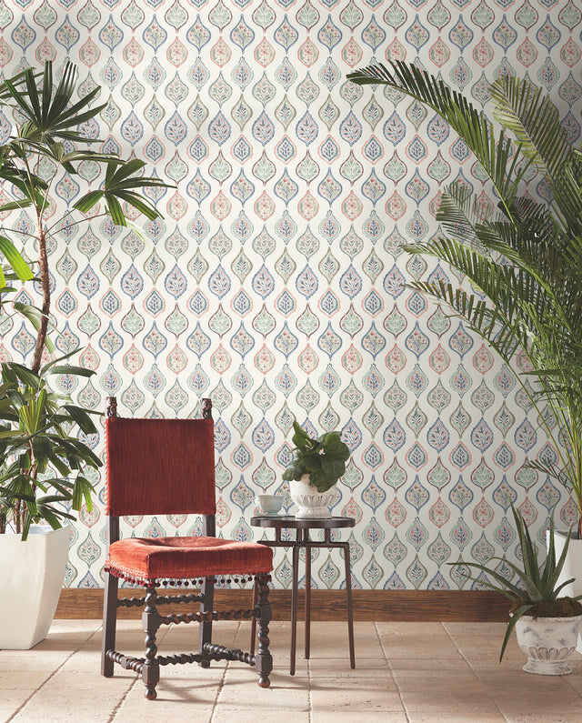 Marketplace Motif Off White & Green Wallpaper with Bohemian Ogee Botanical Pattern - York MN1853
