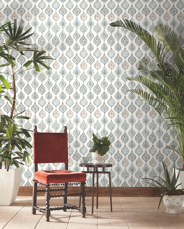 Marketplace Motif White & Neutral Wallpaper with Bohemian Ogee Pattern - York MN1854