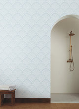 Mediterranean Beachcomber Blue & White Wallpaper with Shell-Inspired Demilune Motif - York MN1870