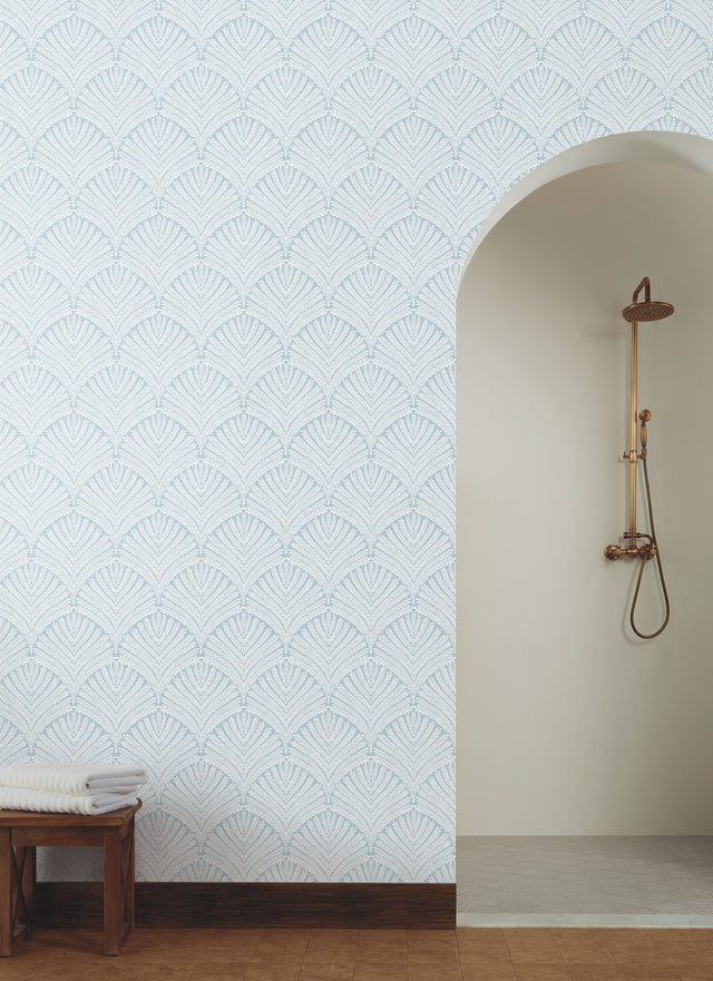 Mediterranean Beachcomber Blue & White Wallpaper with Shell-Inspired Demilune Motif - York MN1870