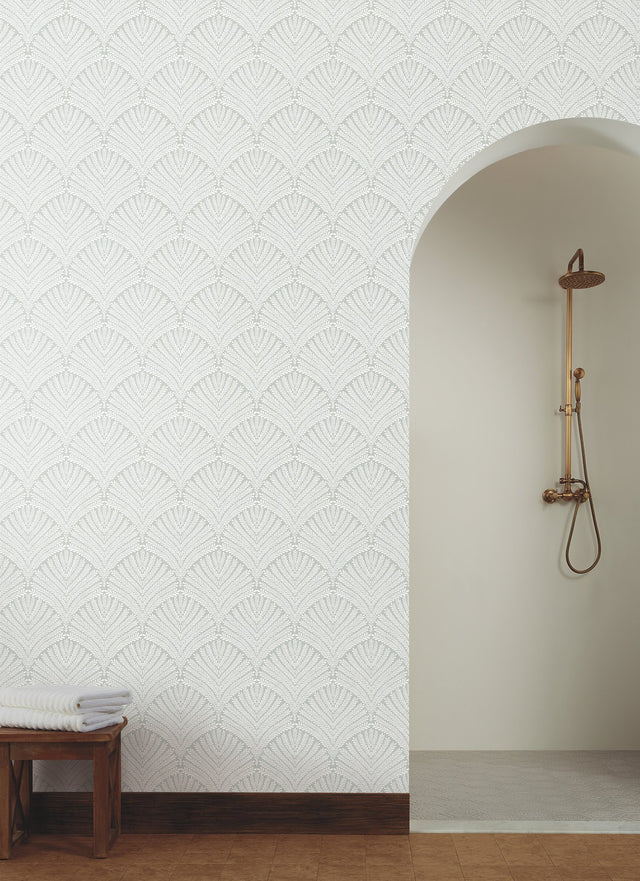 Beachcomber Green & White Wallpaper with Coastal Shell Fan Motif - York MN1871