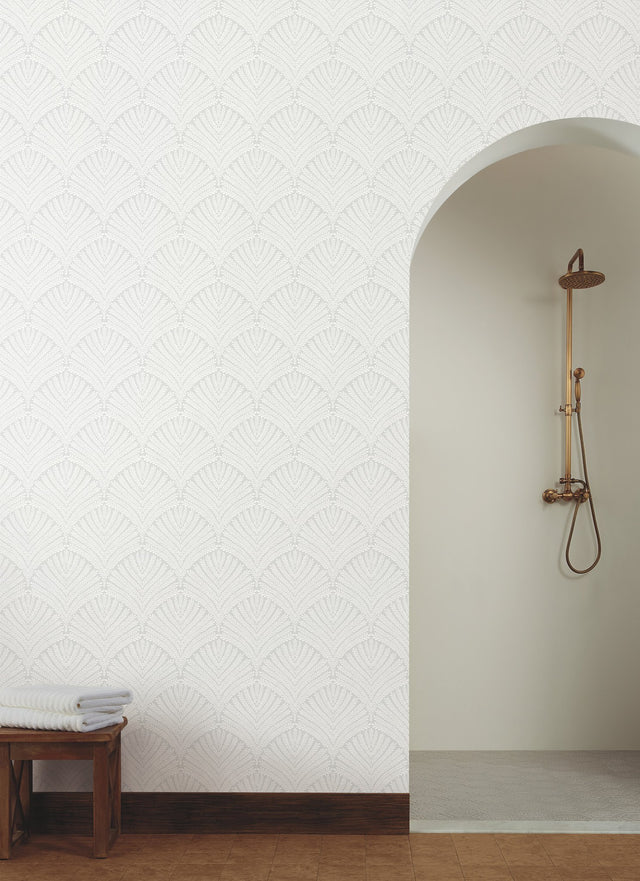 Beachcomber Light Grey & White Wallpaper with Botanical Shell Fan Motif - York MN1874